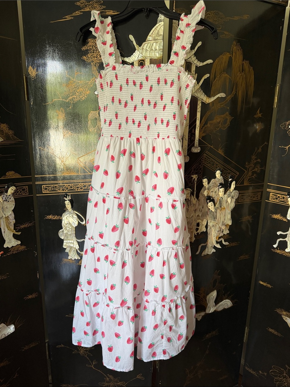 EUC J. Crew White Sundress Nap Dress Pink Red Strawberry Print Ruffle Strap Midi